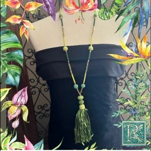Chico’s Womens Green Tassel-Pendant Necklace